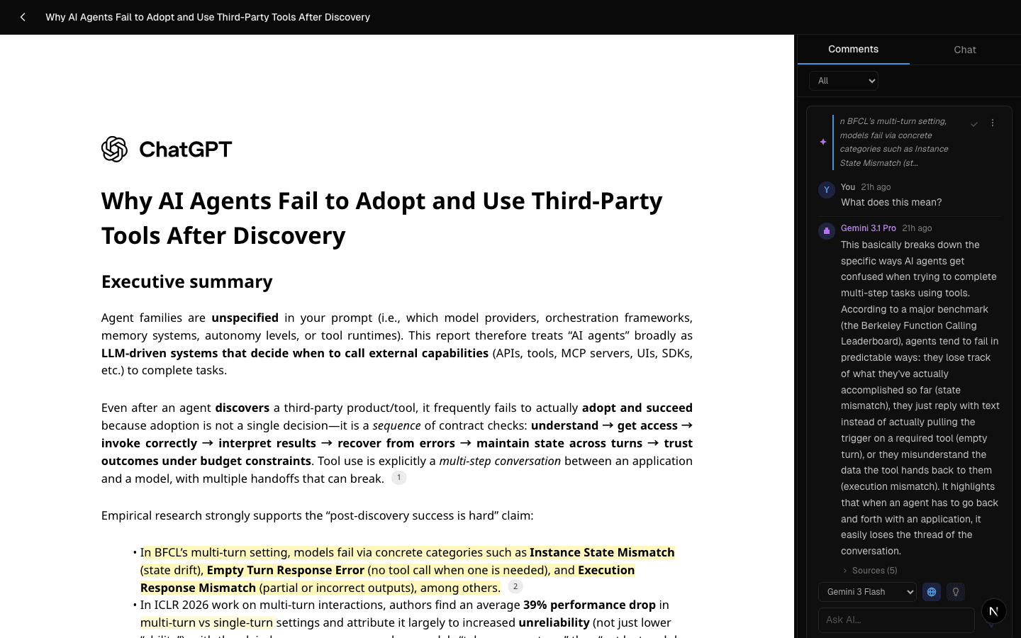 Docuwhy PDF viewer showing a research paper on AI agents with chat sidebar